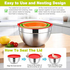 TeamFar Mixing Bowls, Stainless Steel Nesting Salad Bowls with Airtight Lids Set, For Serving/Mixing/Storing, Healthy & Long-lasting, Dishwasher Safe & Easy Clean, 4.6/3 / 1.5 QT, Colorful