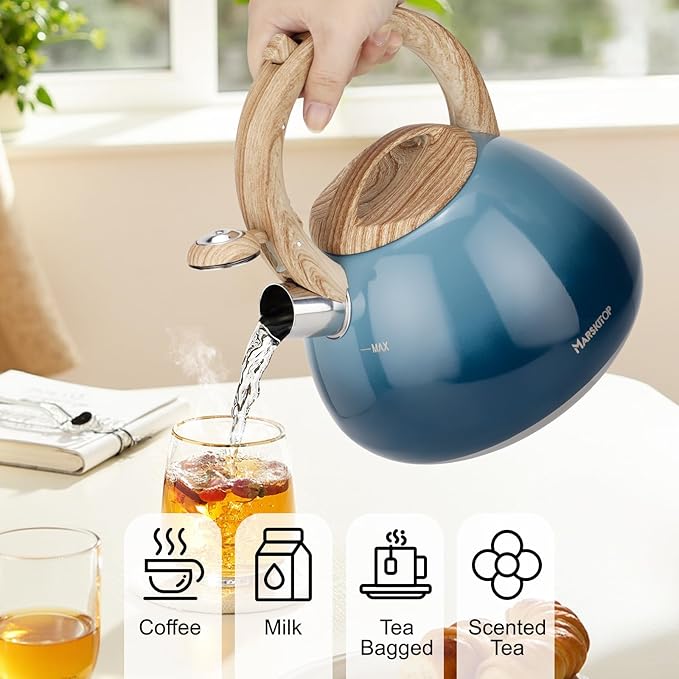 MARSKITOP Tea Kettle Stovetop Whistling Tea Pots for Stove Top Food Grade Stainless Steel Teapot for Induction Cooktop, 2.6 Quart, Blue