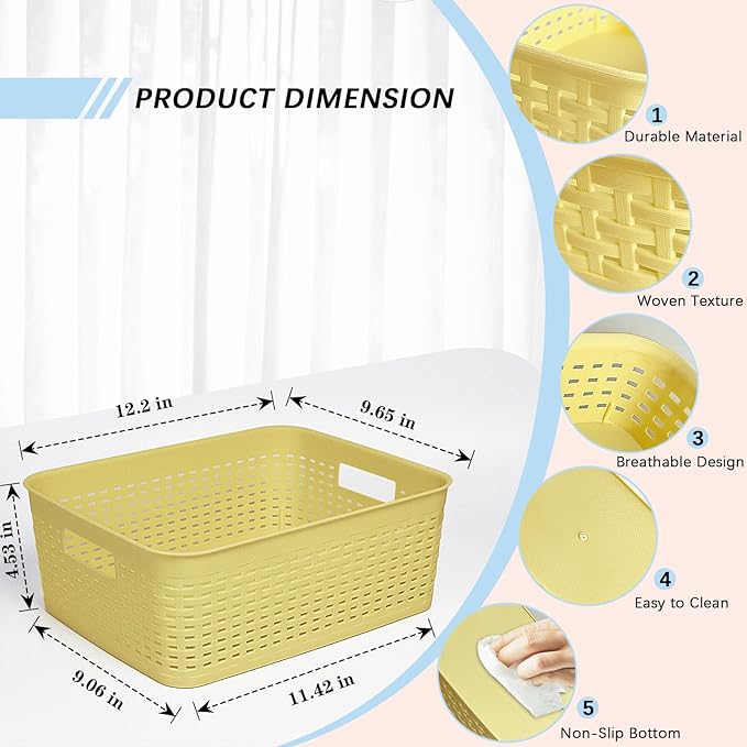 Plastic Storage Baskets for Cabinets, Household Pantry Organization with Handle,Organizer Bins for Room,Bathrooms,Under-Sink,Kitchen (Yellow, M-3PACK)