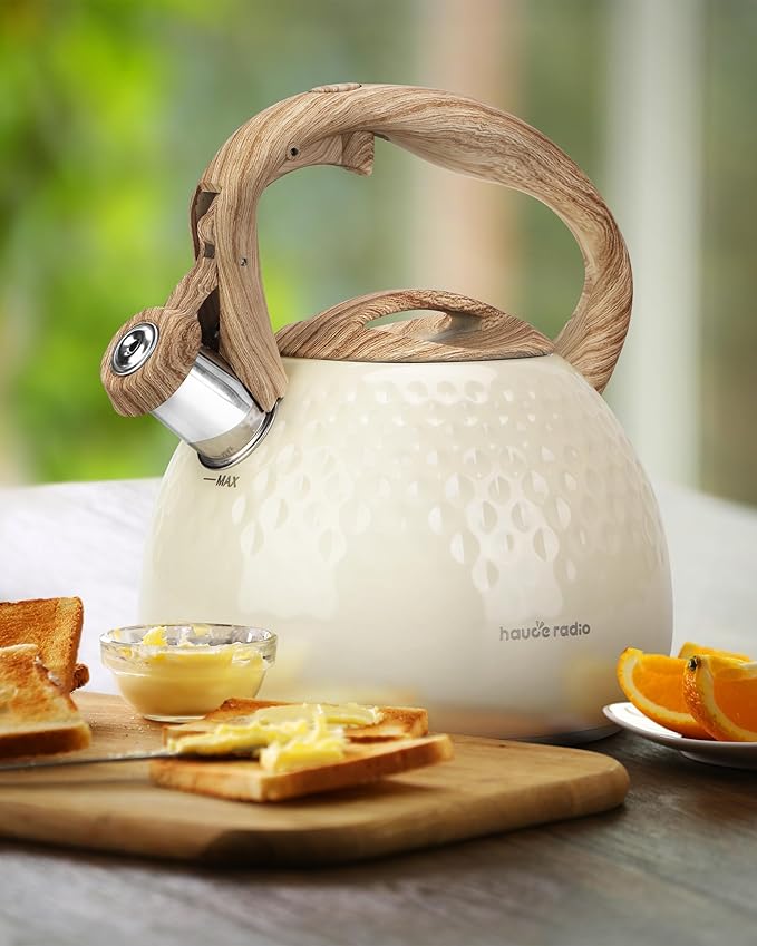 Hauce Radio Tea Kettle Stovetop Teapot, 2.5 Quart Loud Whistle Food Grade Stainless Steel and Smooth Wood Pattern Handle, Sophisticated Look for Hiking, Picnic, for Tea, Coffee Milky White
