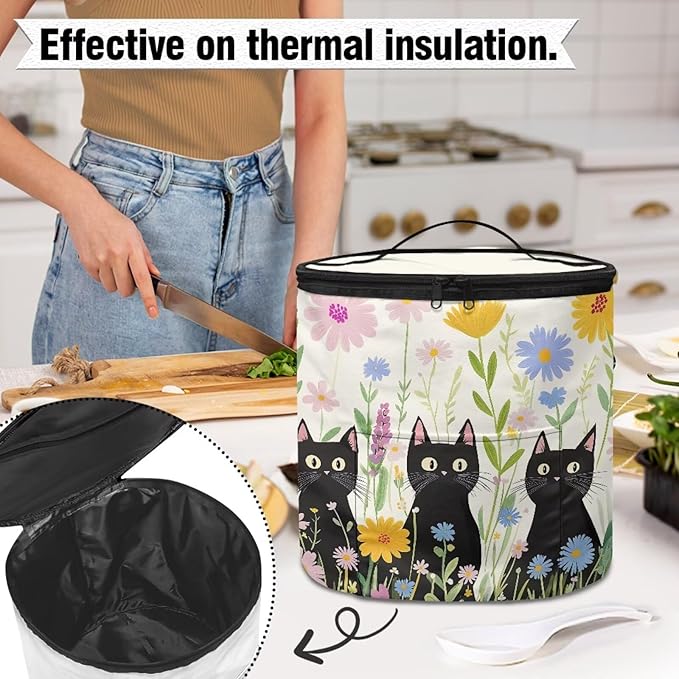 Black Cat Electric Pressure Cooker Storage Bag Wildflower Kitchen Appliance Protective Pressure Cooker Insulation Bag for Women