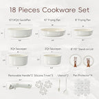 CAROTE 18Pcs Ceramic Cookware Set with Detachable Handle, Pots and Pans Set Non Stick, Non Toxic Kitchen Cooking Sets with Stand-Up Lid, PFAS and PFOA Free, Oven Safe, Induction Ready, Cream White
