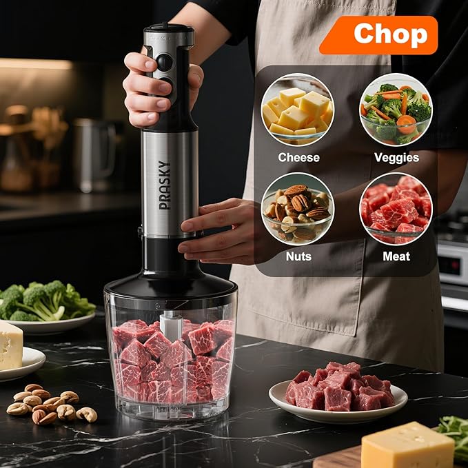 Immersion Blender Handheld Hand Blenders, 20 Speed & Turbo Mode Hand Held Blender, Heaviest Duty Copper Motor, Stainless Steel Blades, Milk Frother Wand, Whisk, 600ml Beaker, 500ml Chopper (Black)