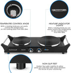 Techwood ES-3203 Hot Plate Electric Double Burner 1800W for Cooking with Adjustable Temperature & Stay Cool Handles, Black Stainless Steel, Compatible for All Cookwares