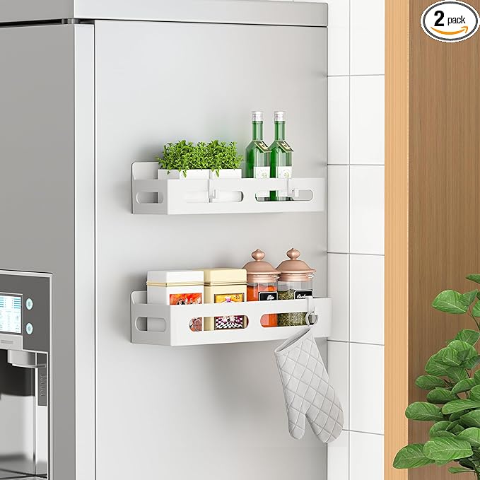 Sevenblue 2 Pack Strong Magnetic Spice Rack for Refrigerator, Multipurpose Magnetic Shelf for Fridge with 4 Hooks for kitchen and Bathroom Organization, White