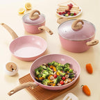 Vkoocy Non Stick Pots and Pans Set, Healthy Ceramic Cookware Set, 12pcs Kitchen Cooking Pots and Frying Sauce Saute Pans Set, PFAS-Free with Kitchen Utensils and Lid, Pink