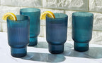 Shatterproof Acrylic Tall Drinking Glasses Set, European Style, Dishwasher Safe, Ribbed | Set of 4 | Fluted Tritan Drinkware, Unbreakable BPA-free Plastic, Reusable Stackable Glassware 14.5oz - Blue