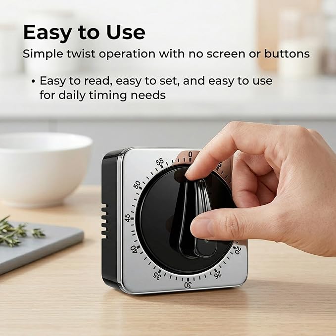 Searon Mechanical Kitchen Timer, Magnetic Manual Countdown Timer with Loud Ring, Stainless Steel, No Battery Needed, Easy to Use for Cooking and Baking