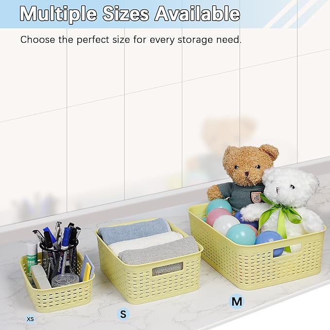 Plastic Storage Baskets for Cabinets, Household Pantry Organization with Handle,Organizer Bins for Room,Bathrooms,Under-Sink,Kitchen (Yellow, S-3PACK)