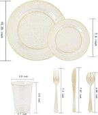 WELLIFE 175 Pieces Gold Glitter Plastic Plates with Silverware and Cups, Includes: 50 Plates, 50 Forks, 25 Knives,25 Spoons and 25 Cups for Party