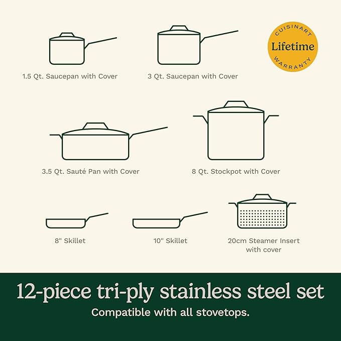 Cuisinart 12-Piece MultiClad Pro Triple Ply Stainless Stainless Steel Pots and Pans Set, Cookware Set Compatible with Induction, Electric, Gas Cooktops, Cool Grip Handles, Oven Safe to 500°F, Silver