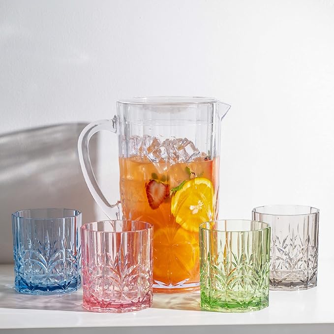BELLAFORTE Shatterproof Tritan Plastic Short Tumbler, Set of 4, 13oz - Myrtle Beach Unbreakable Crystal Cut Old Fashioned Drinking Glasses for Whiskey - BPA Free - Dishwasher Safe - Green