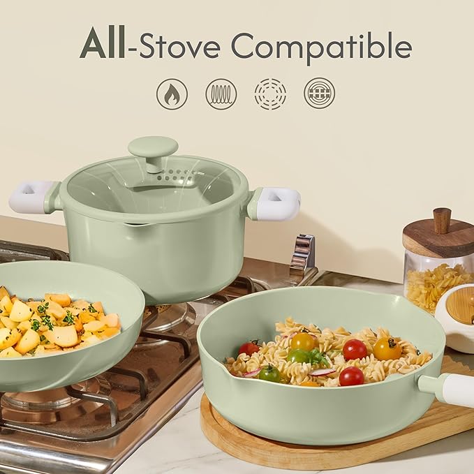 CAROTE Pots and Pans Set Nonstick, Ceramic Cookware Set, Green Cooking Set Kitchen Induction Set with Steamer, PFAS PTFE Free,9 Piece