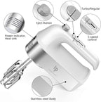 Hand Mixer Electric, 450W Kitchen Mixers with Scale Cup Storage Case, Turbo Boost/Self-Control Speed + 5 Speed + Eject Button + 5 Stainless Steel Accessories, For Easy Whipping Dough, Cream, White