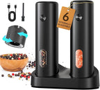 CIRCLE JOY Rechargeable Electric Salt and Pepper Grinder Set with Charging Base, Automatic Pepper Mills with 110ml Container, External Adjustable Coarseness, White Led Light, Easy to Operate, Black