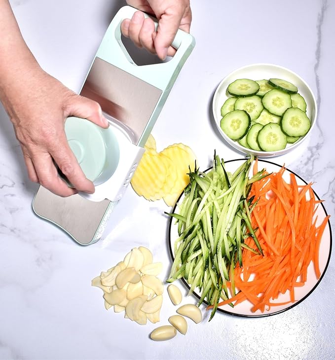 NACOLUS 6-Blade Mandoline Slicer with Slide-On Hand Guard - Vegetable Slicer, Potato/Onion/Garlic Slicer, Kitchen Grater(Multi-Color) (Seafoam green, 6-in-1)