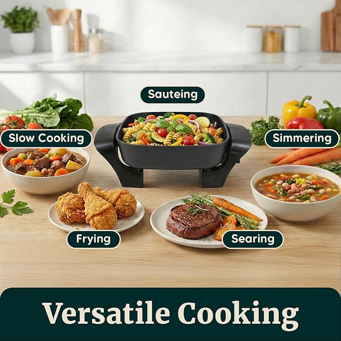 Elite Gourmet EG808 Electric Skillet 8"x8" Non-Stick Coating, Tempered Glass Lid, Removable Thermostat 200°F–400°F, Dishwasher Safe, 600W Compact 2.5-Qt Capacity for Eggs, Bacon & One-Pot Meals, Black