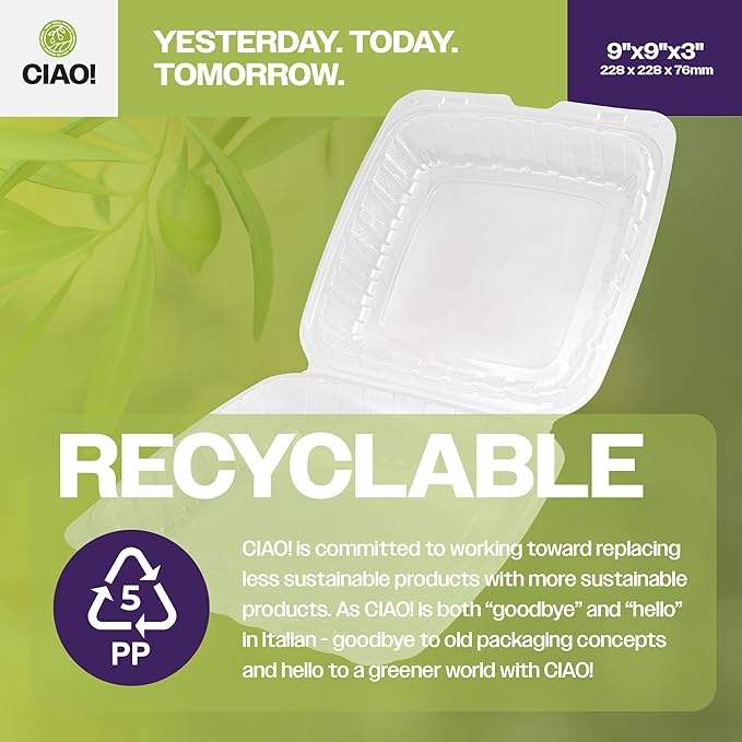 CIAO! 9"x9"x3" 3 Compartment PP Plastic Clear Hinged Container for Take Out (Case of 150)