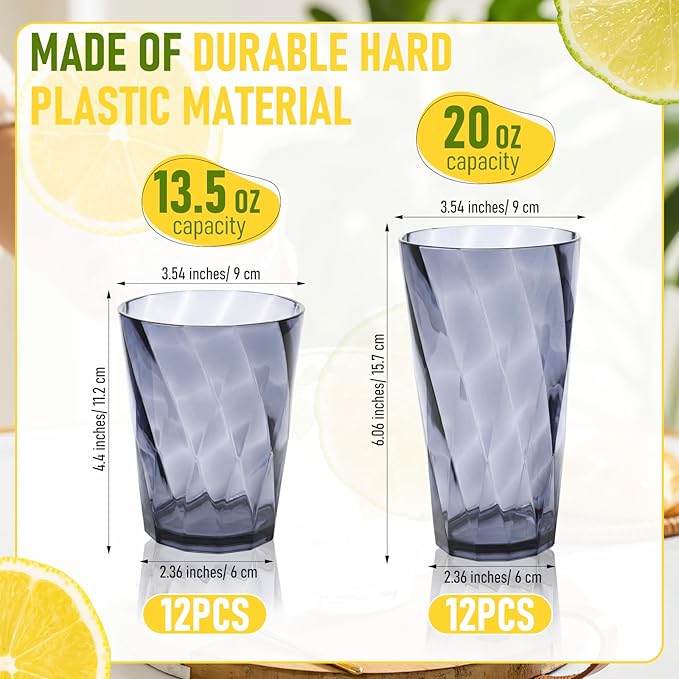 LemonRoad 24 Pack Reusable Plastic Drinking Glasses Set - 20oz & 13.5oz Stackable Tumbler, Shatter-resistant Highball Cups for Water, Cocktail, Iced Coffee, Indoor Outdoor Use, BBQ, Patio, Pool (Grey)