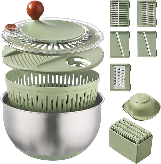 Stainless Steel Salad Spinner with Blades Slicer, Medium-sized Lettuce Veggie Fruit Spinner and Strainer, Multipurpose Vegetable Washer Dryer with Lid, Dishwasher Safe,slicing tools and shreds tools