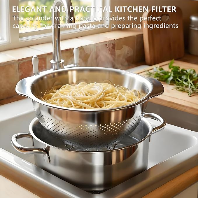 18/8 Stainless Steel Strainer and Colander for Kitchen, Pasta Strainer with Handle, Metal Colander for Spaghetti, Rice, Fruit, Vegetables, Noodles and Eggs, Collander and Sieve （3QT）