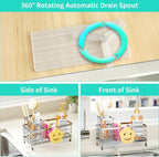 HapiRm Sponge Holder for Kitchen Sink - Self-draining Sink Caddy with Smiley Face and Brush Holder, Stainless Steel Kitchen Organizer for Countertop - Silver