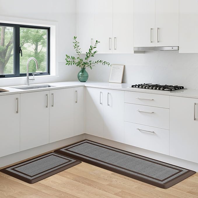 KitchenClouds [2 PCS Kitchen Rugs Cushioned Anti-Fatigue Kitchen Mats for Floor Waterproof Kitchen Rug Set Non-Slip Comfort Standing Mat for Office, Sink, Laundry 17.3"×29"+17.3"×47",Chocolate