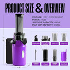 Ventray Ginnie Mini Cold Press Juicer, Small Slow Masticating Juicer for Vegetables and Fruits, High Juice Yield, Easy to Clean, Space-Saving, Fit for Personal/Travel/Picnic/Office - Purple
