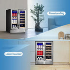 24 Inch Beverage Refrigerator Undercounter, Dual Zone Wine and Beverage Cooler, Large Capacity for Beer Wine Drink with Built-In Warm Light, Ideal for Home Kitchen Bar Office