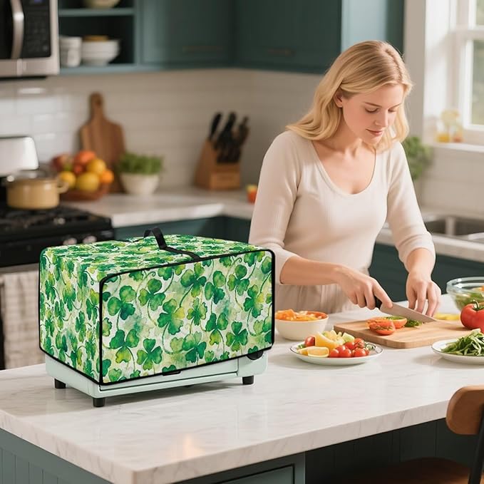 Clover Print Toaster Oven Cover Heavy Duty, Heat Resistant Dust-proof Toaster Cover Kitchen Small Appliance Protective Slipcover Washable Slipcover for Kitchen Counter, Green, M