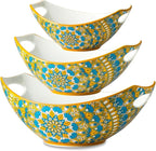 LAUCHUH Serving Dishes for Entertaining, Porcelain Serving Bowls with Handles Bohemian Salad Bowls Set Nesting Bowls for Mother's Day Party, Set of 3, 15/28/49 oz, Blue and Yellow