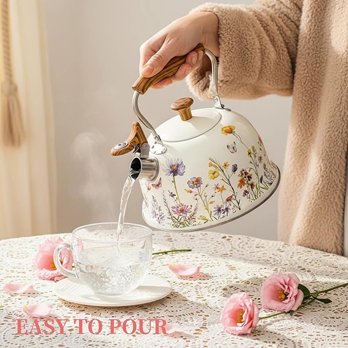Tea Kettle for Stove Top, 2.7 Quart Whistling Kettle with Floral Pattern for Boiling Water Coffee or Milk, Stainless Steel Tea Pots with Wood Pattern Folding Handle, Work for All Stovetops