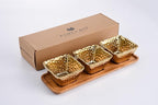 ampa Bay Gold Porcelain Entertaining Set, 3 Square Snack Bowls with Wood Tray