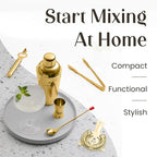 Modern Mixology Cocktail Shaker Set - Bartender Kit with Pine Stand | Leak-Proof Design | Includes Martini Shaker, Jigger, Strainer, Spoon, Tongs | Perfect Bar Tools Gift for Home Mixology (Gold)
