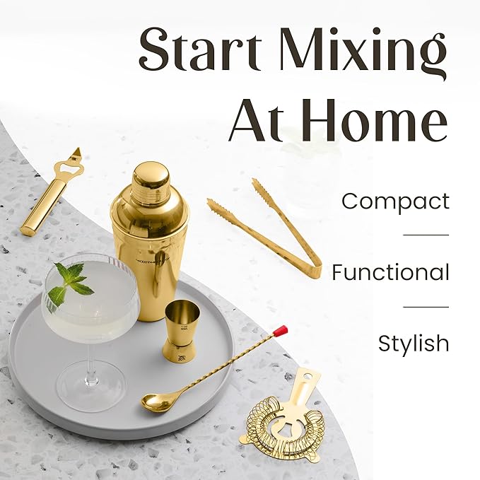 Modern Mixology Cocktail Shaker Set - Bartender Kit with Pine Stand | Leak-Proof Design | Includes Martini Shaker, Jigger, Strainer, Spoon, Tongs | Perfect Bar Tools Gift for Home Mixology (Gold)