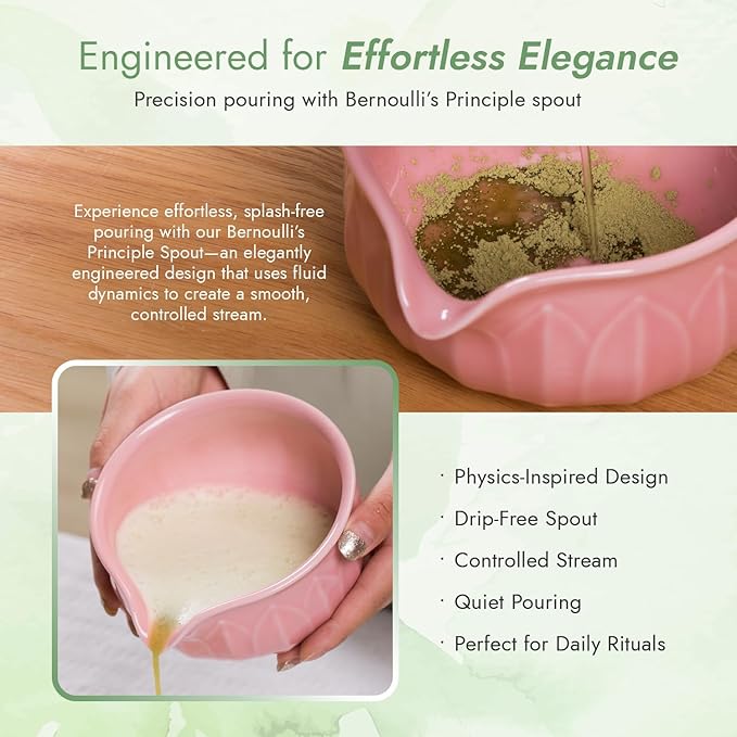 Matcha Whisk Set - 7pcs Japanese Tea Ceremony Kit with Spouted Bowl & Bamboo Whisk, Matcha Starter Kit for Beginners - Authentic Green Tea Accessories, Gift Set for Lovers-Pink