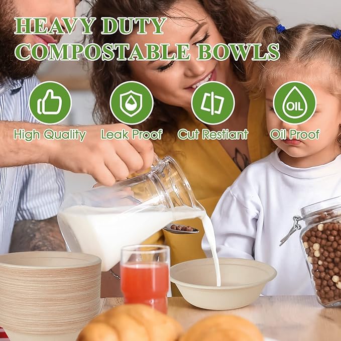 ECOLipak 32 OZ Large Compostable Disposable Paper Bowls, 70 Pack Biodegradable Bagasse Eco-Friendly Sugarcane Soup Bowls for Salad Wheat Flakes(Nature)