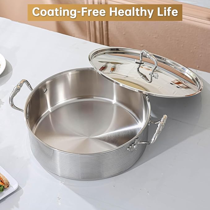 DELARLO Tri-Ply Stainless Steel 8QT Stock Pot,13 inch Everyday Pan with Lid, Kitchen Induction Deep Saute Pan,shabu shabu pot High Side Cooking Hot Pot Oven Safe Up to 600℉