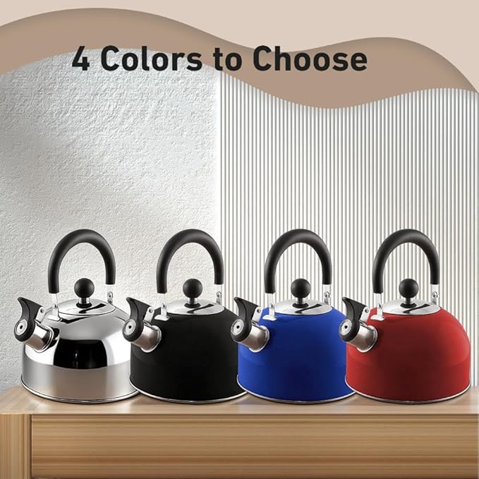 Lily's Home 2 Quart Stainless Steel Whistling Tea Kettle, the Perfect Stovetop Tea and Water Boilers for Your Home, Dorm, Condo or Apartment. (Black)