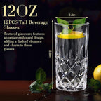 Uiifan Set of 12 Tall Highball Glasses 12 oz Crystal Drinking Glasses Clear Fancy Cups Vintage Textured Designer Glassware for Cocktail Tea Water Beer Soda Beverages, Dishwasher Safe (Classic Style)