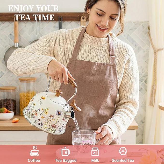 Tea Kettle for Stove Top, 2.7 Quart Whistling Kettle with Floral Pattern for Boiling Water Coffee or Milk, Stainless Steel Tea Pots with Wood Pattern Folding Handle, Work for All Stovetops
