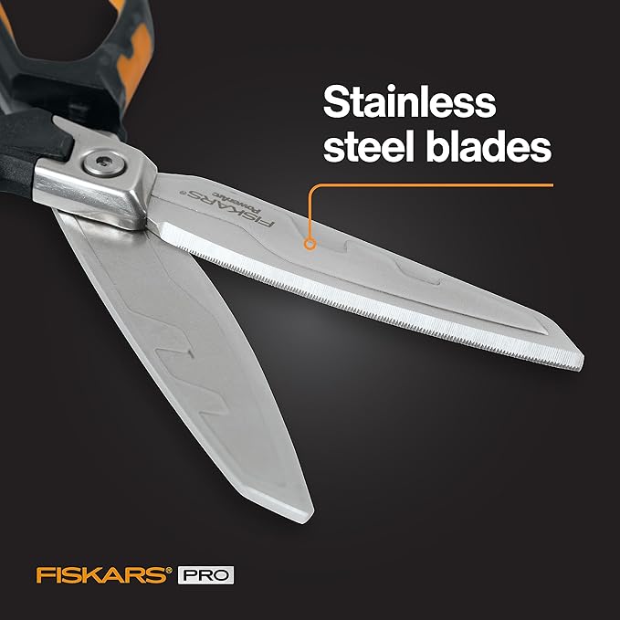 Fiskars Pro PowerArc Shop Shears, Heavy Duty Stainless Steel Scissor, Industrial Grade Tool for Building and Construction, 10 in, Orange/Black