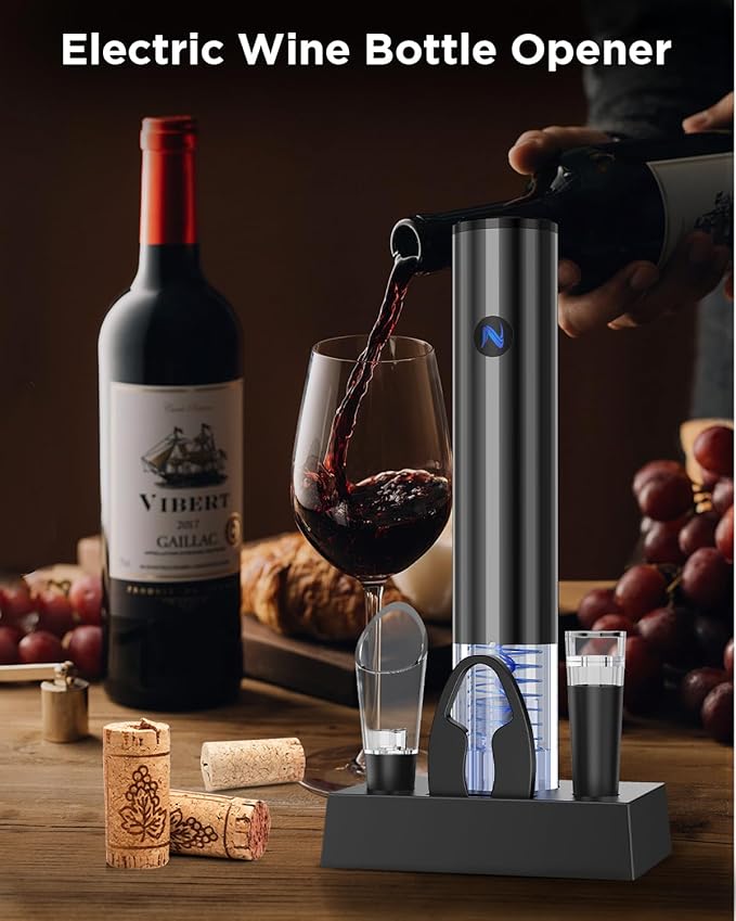 Rechargeable Electric Wine Opener with Charging Base, Aerator Pourer, Vacuum Stoppers & Foil Cutter, Luxury Christmas White Elephant Gift for Women Men