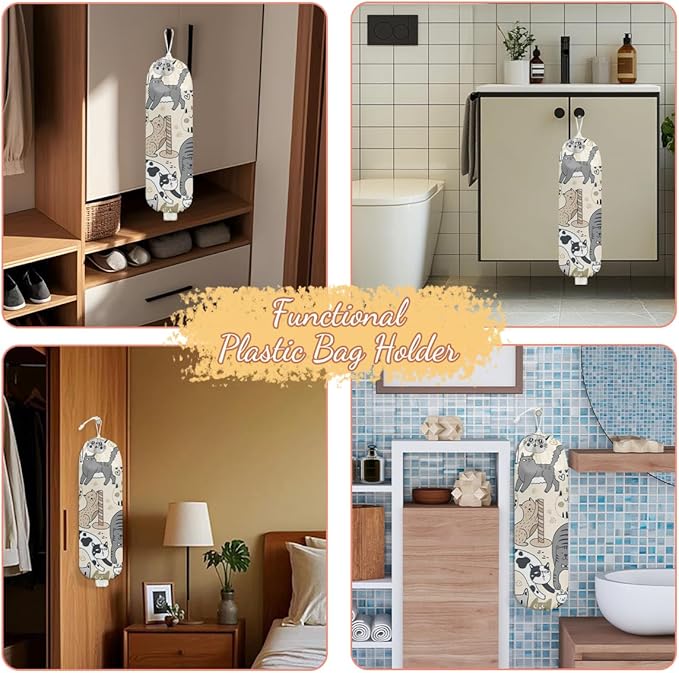 Cat Plastic Bag Holder, Wall Mount Grocery Bag Holder, Plastic Storage bag, Pull Rope Free Adjustment, Plastic Bag Holders for Grocery Bags, Plastic Bag Dispenser for Home Kitchen Travelling