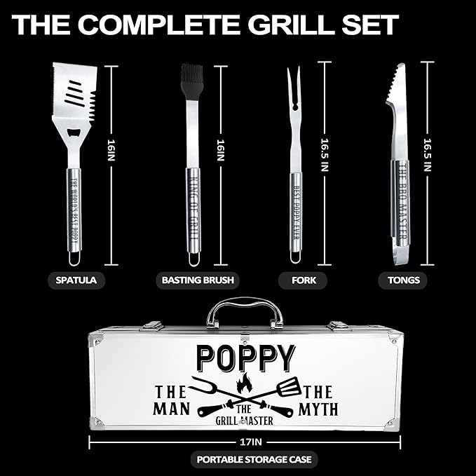 Poppy Gifts, Christmas Poppy Gifts for Grandpa from Grandkids Heavy Duty Grilling Accessories Kit for Backyard BBQ, Thick Stainless Steel Grill Utensils with Non-Slip Handle Tool for Man on Birthday