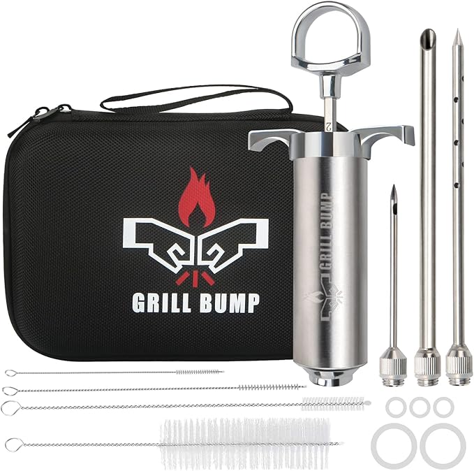 Grill Bump Meat Injector Syringe Kit with 3 Professional Marinade Injector Needles and Travel Case for BBQ Grill Smoker, Turkey and Brisket; 2-oz Large Capacity, Both Paper User Manual and E-Book
