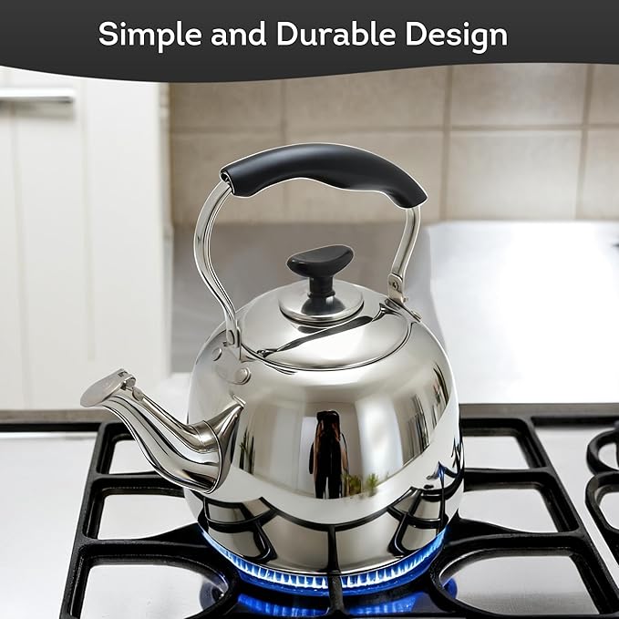 Lily's Home Whistling Tea Kettle for Stovetop, 2 Quart Stainless Steel Water Kettle with Loud Whistle, Cool-Touch Handle & Induction Compatible Base - For Gas, Electric, & Induction Cooktops