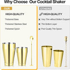 Mwellewm Cocktail Shaker Boston Shaker Set 15 Pcs Professional Bartender Kit Bar Shaker Stainless Steel Drink Shaker Bartending Beginner Martini Shaker Tin Mixed Alcohol Shaker Tool(Gold)