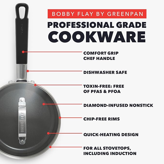 GreenPan x Bobby Flay 2.5QT Nonstick Saucepan with Glass Lid, PFAS-Free Diamond Ceramic, Induction Suitable, Stay-Cool Silicone Handle, Easy Clean Dishwasher & Oven Safe, Chef Pan, Black