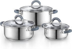 Cook N Home Stainless Steel Pot Set with Glass Lid, 6 Pieces Basics Cookware Set with Stay-Cool Silicone Handles, 1.5/3/5.5 Quarts Small Cooking Stock Pot Saucier Casserole